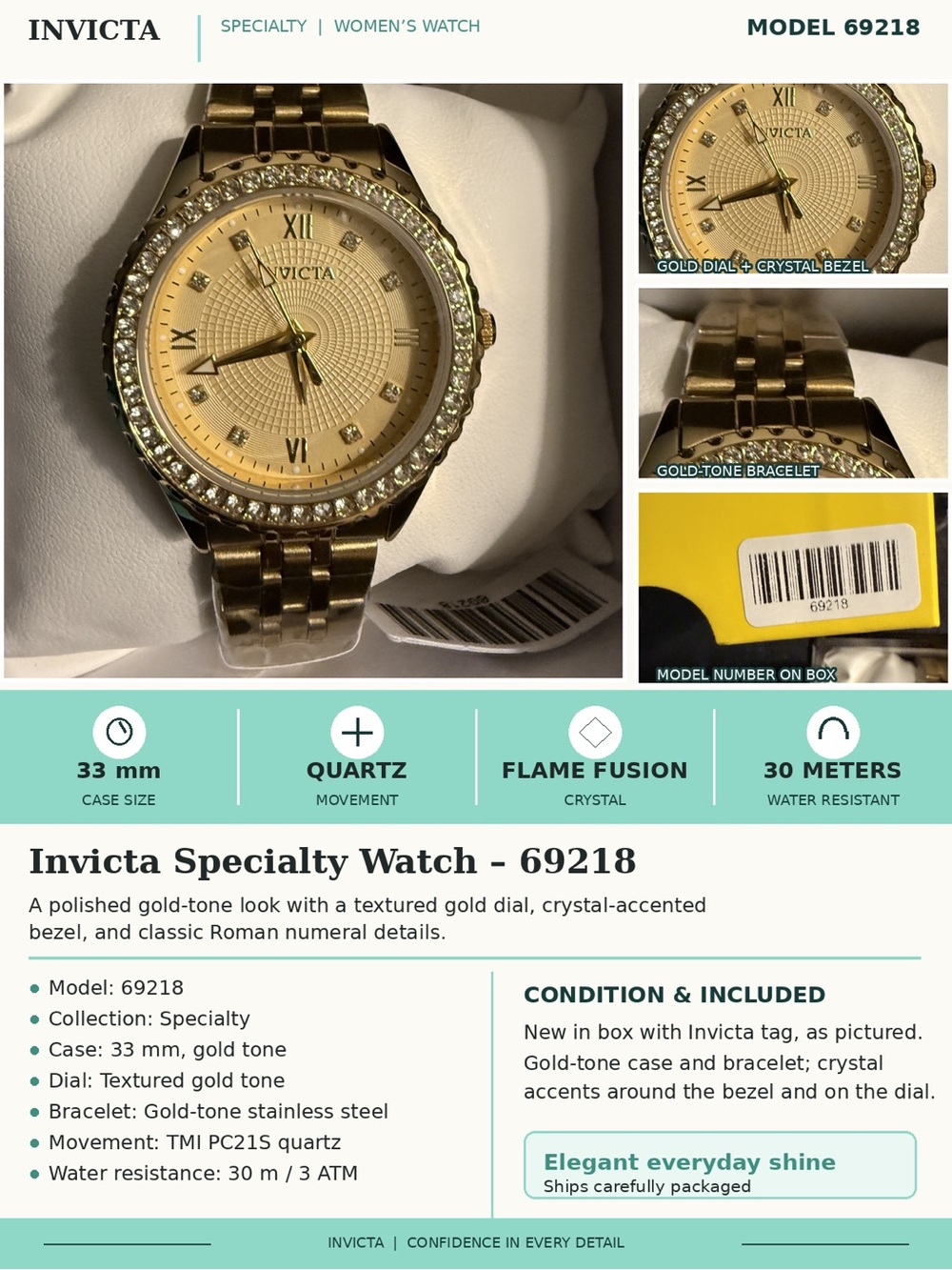Invicta Women’s Gold-Tone Crystal Accent Watch 69218